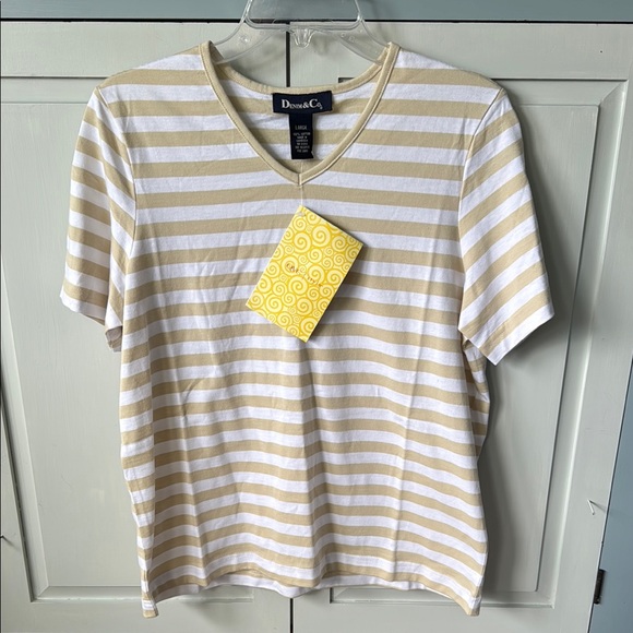 Denim & Co Beige and White Striped V Neck Tee Shirt Size L NWT Closet Staple - Picture 1 of 3